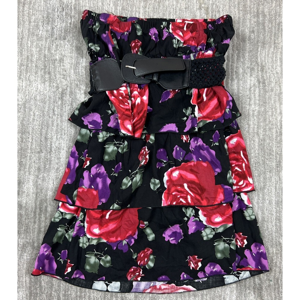 Body Central Dress Women Medium Black Floral Strapless Tiered Ruffle Belted Mini